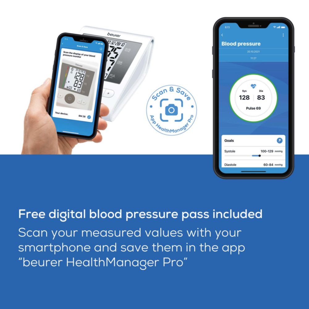 Beurer BM28 Automatic Arm Blood Pressure Monitor with Adaptor | Adjustable Cuff, Large LCD Display & Risk Indicator | Digital BP Machine (White)