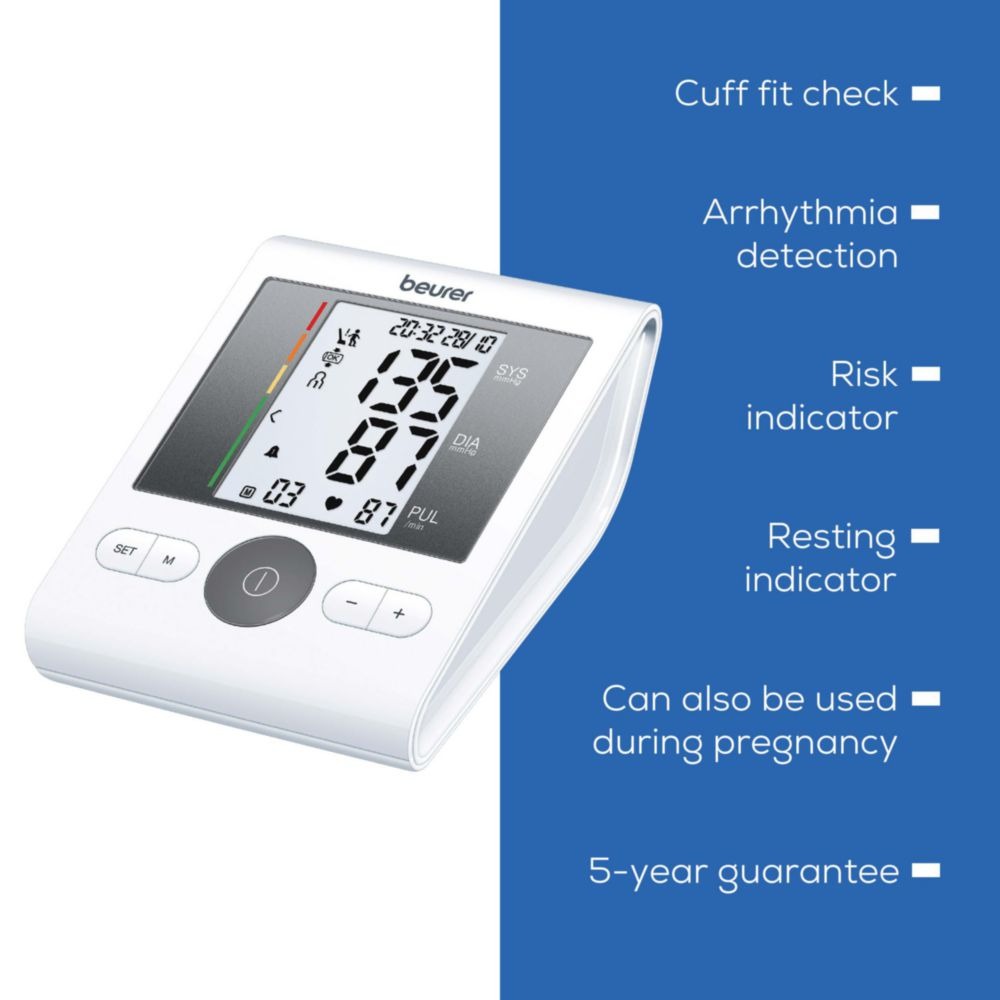 Beurer BM28 Automatic Arm Blood Pressure Monitor with Adaptor | Adjustable Cuff, Large LCD Display & Risk Indicator | Digital BP Machine (White)