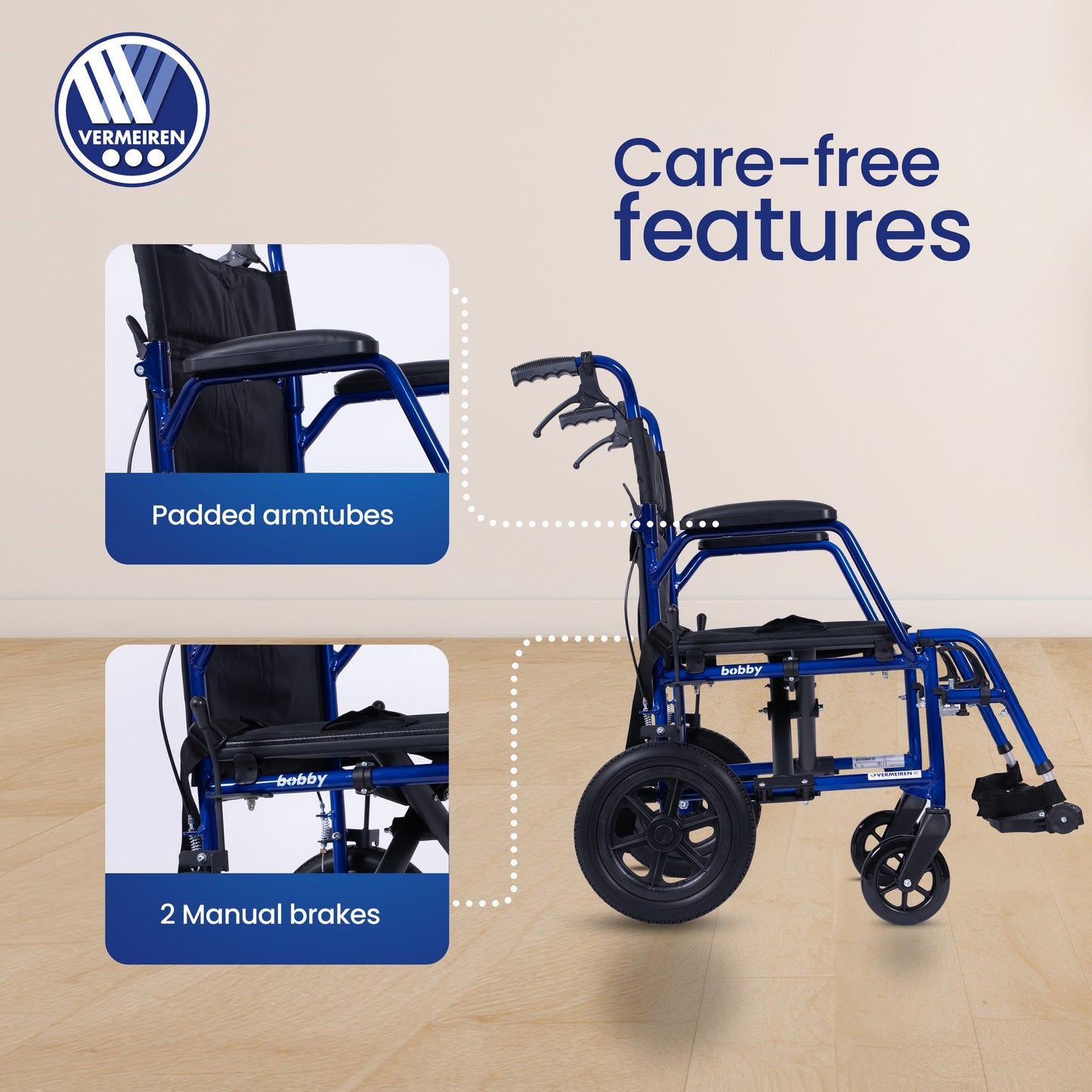 VERMEIREN Bobby Foldable Travel Wheelchair, Sturdy Frame, Light Weight & Foldable, Kids & Seniors, Upto120Kg Weight Capacity - Belgium Technology, Made in India