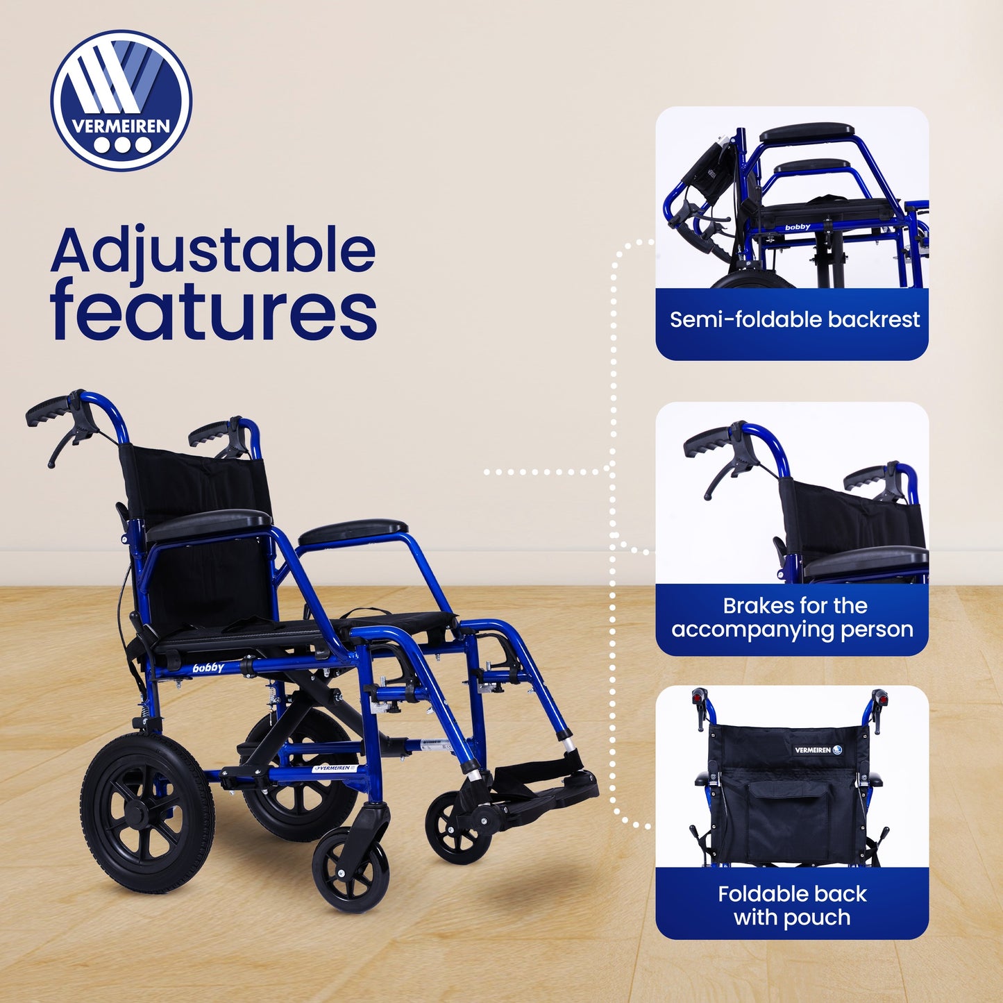 VERMEIREN Bobby Foldable Travel Wheelchair, Sturdy Frame, Light Weight & Foldable, Kids & Seniors, Upto120Kg Weight Capacity - Belgium Technology, Made in India