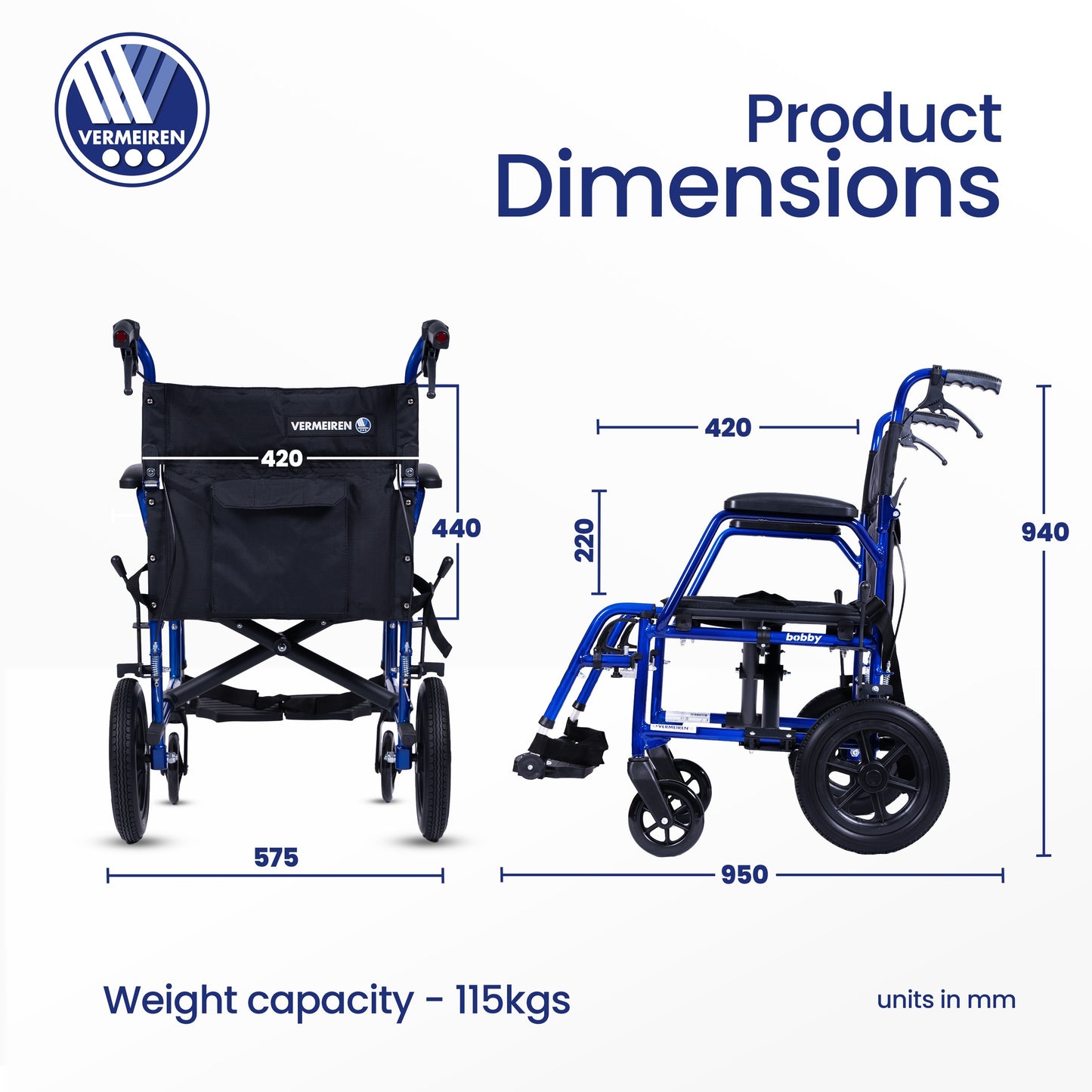 VERMEIREN Bobby Foldable Travel Wheelchair, Sturdy Frame, Light Weight & Foldable, Kids & Seniors, Upto120Kg Weight Capacity - Belgium Technology, Made in India
