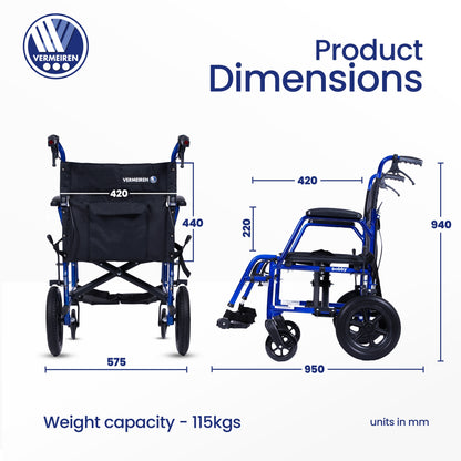 VERMEIREN Bobby Foldable Travel Wheelchair, Sturdy Frame, Light Weight & Foldable, Kids & Seniors, Upto120Kg Weight Capacity - Belgium Technology, Made in India