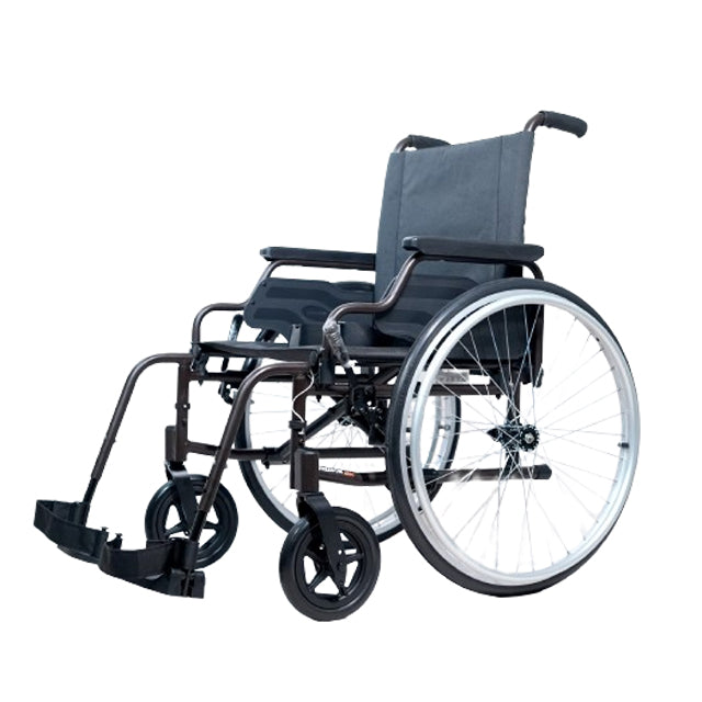 Forza Freedom 4000 Lightweight Wheelchair. The wheelchair features a sleek, lightweight aluminum frame in silver with a comfortable black seat and backrest. It has large, durable rear wheels with hand rims for easy self-propulsion, and smaller, swiveling front casters for smooth maneuverability. The design includes adjustable armrests, footrests, and a foldable frame for easy storage and transport, making it both practical and portable.