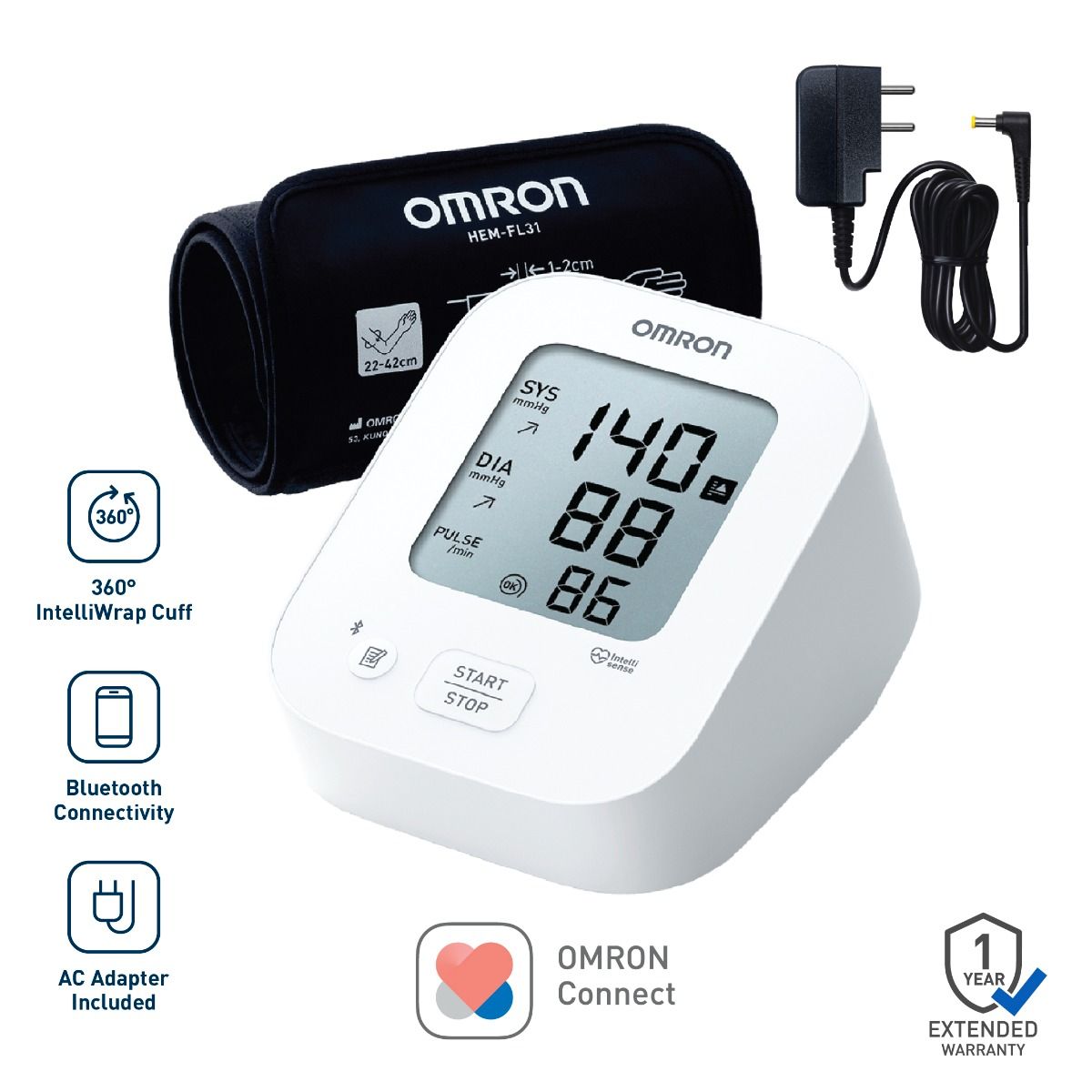 Omron HEM-7183T1-FLBIN Automatic Upper Arm Blood Pressure Monitor with Bluetooth, IntelliWrap 360° Accuracy Cuff & AC Adapter