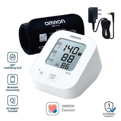Omron HEM-7183T1-FLBIN Automatic Upper Arm Blood Pressure Monitor with Bluetooth, IntelliWrap 360° Accuracy Cuff & AC Adapter