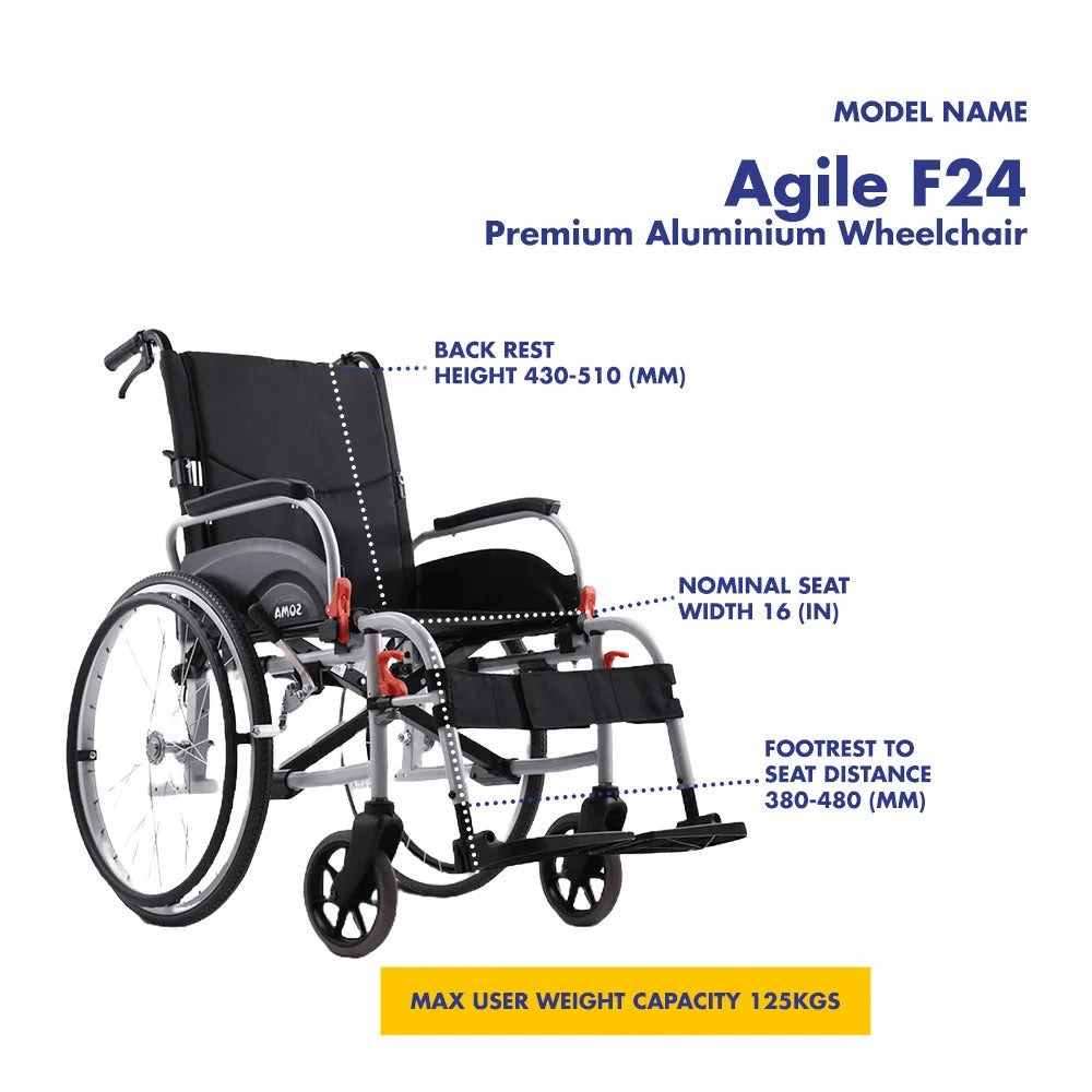 Karma Agile F24 Premium Aluminium Wheelchair | Attendant-Propelled, Foldable & Lightweight | Flip-Up Armrests | Detachable Footrests & Rear Wheels | Dual Brakes | Ideal for Seniors & Specially Abled | 125 Kg weight Capacity