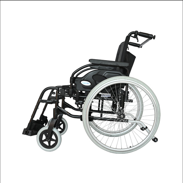 A Forza Freedom 6000 Recliner Wheelchair with a cushioned seat and backrest. The wheelchair features adjustable armrests, footrests, and a reclining back for added comfort and support. The wheelchair's frame is sturdy, and the cushion provides extra comfort for long periods of sitting. It is designed for individuals needing mobility assistance and a more comfortable seating position.