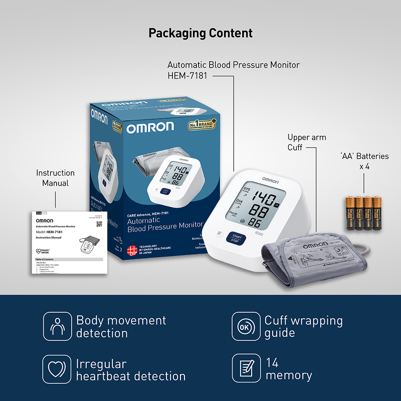Omron HEM-7181-IN Automatic Upper Arm Blood Pressure Monitor with Long Battery Life & Hypertension Indicator
