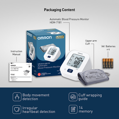 Omron HEM-7181-IN Automatic Upper Arm Blood Pressure Monitor with Long Battery Life & Hypertension Indicator