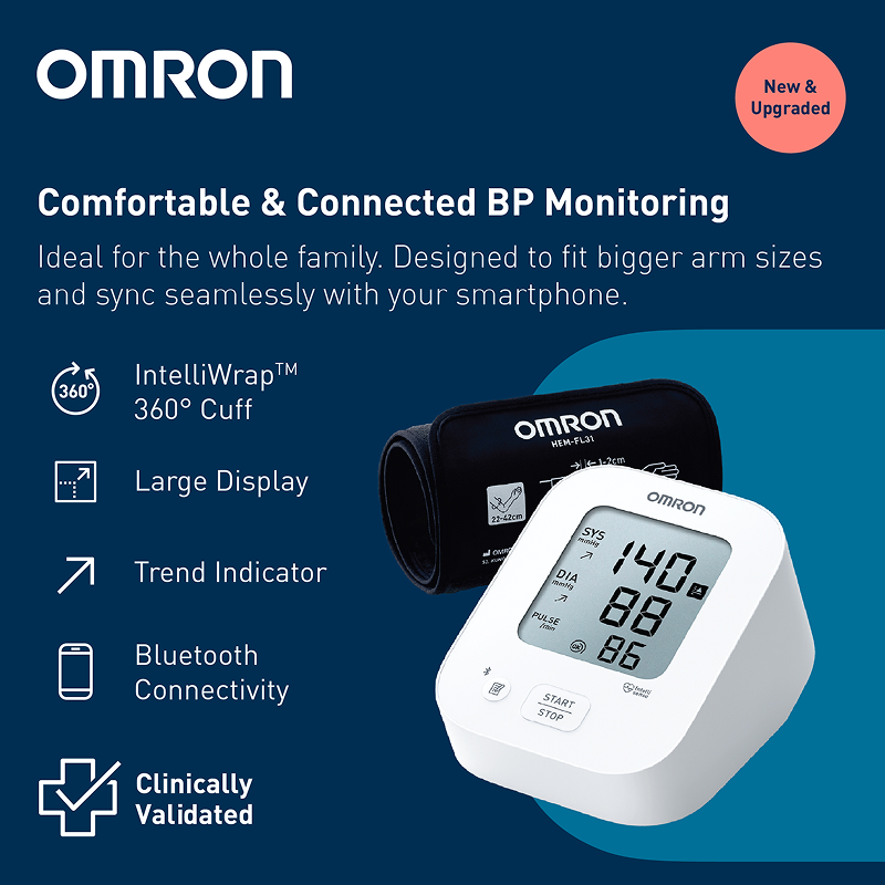 Omron HEM-7183T1-FLBIN Automatic Upper Arm Blood Pressure Monitor with Bluetooth, IntelliWrap 360° Accuracy Cuff & AC Adapter