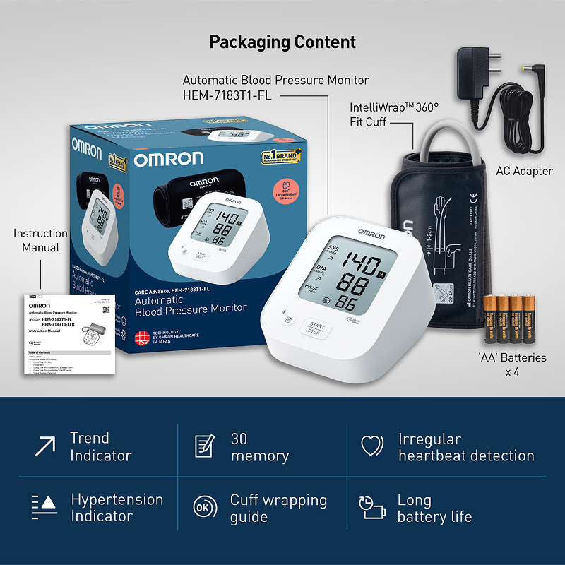 Omron HEM-7183T1-FLBIN Automatic Upper Arm Blood Pressure Monitor with Bluetooth, IntelliWrap 360° Accuracy Cuff & AC Adapter