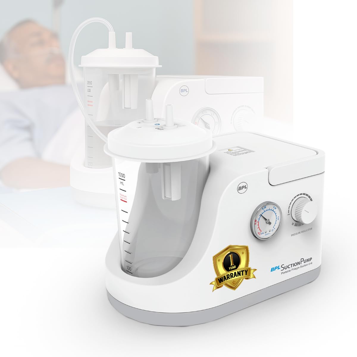 BPL Medical Technologies Portable Phlegm Suction Pump Machine with 1L Jar for Home, Clinic, Dentist and Hospital Use - 1 Year Warranty - White