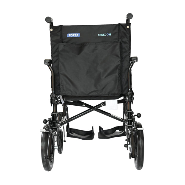 Forza Freedom 5000 (Transit) Premium Steel Wheelchair. The wheelchair features a strong steel frame in a dark gray finish with a comfortable black seat and backrest. It has large, solid rear wheels designed for easy transport by a caregiver, with push rims for manual assistance, and smaller front casters for smooth steering. The design includes fixed armrests, footrests, and a folding frame for convenient storage and transport, providing both durability and ease of use.