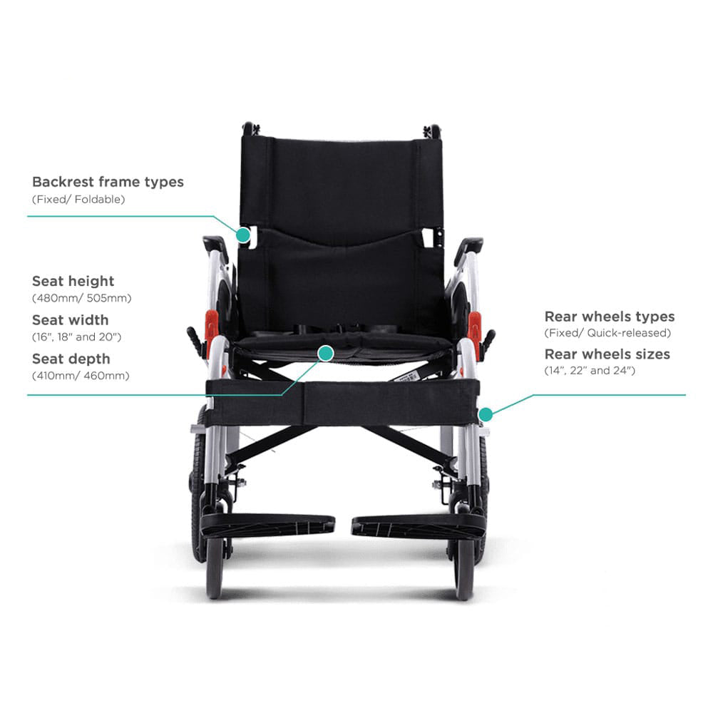 Karma Agile F24 Premium Aluminium Wheelchair | Attendant-Propelled, Foldable & Lightweight | Flip-Up Armrests | Detachable Footrests & Rear Wheels | Dual Brakes | Ideal for Seniors & Specially Abled | 125 Kg weight Capacity