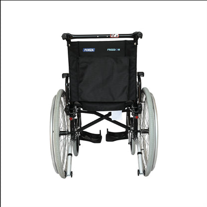 A Forza Freedom 6000 Recliner Wheelchair with a cushioned seat and backrest. The wheelchair features adjustable armrests, footrests, and a reclining back for added comfort and support. The wheelchair's frame is sturdy, and the cushion provides extra comfort for long periods of sitting. It is designed for individuals needing mobility assistance and a more comfortable seating position.