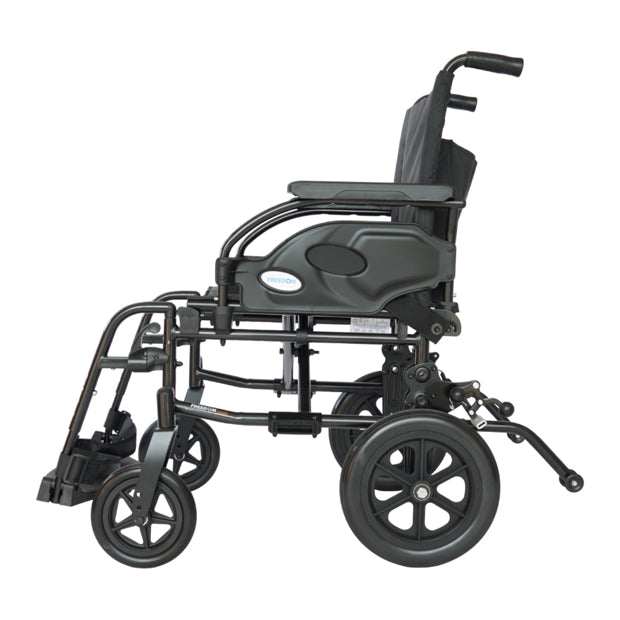 Forza Freedom 5000 (Transit) Premium Steel Wheelchair. The wheelchair features a strong steel frame in a dark gray finish with a comfortable black seat and backrest. It has large, solid rear wheels designed for easy transport by a caregiver, with push rims for manual assistance, and smaller front casters for smooth steering. The design includes fixed armrests, footrests, and a folding frame for convenient storage and transport, providing both durability and ease of use.