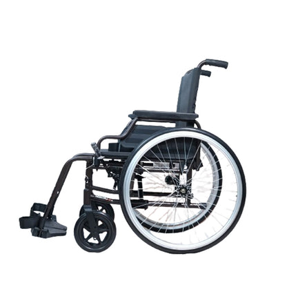 Forza Freedom 4000 Lightweight Wheelchair. The wheelchair features a sleek, lightweight aluminum frame in silver with a comfortable black seat and backrest. It has large, durable rear wheels with hand rims for easy self-propulsion, and smaller, swiveling front casters for smooth maneuverability. The design includes adjustable armrests, footrests, and a foldable frame for easy storage and transport, making it both practical and portable.